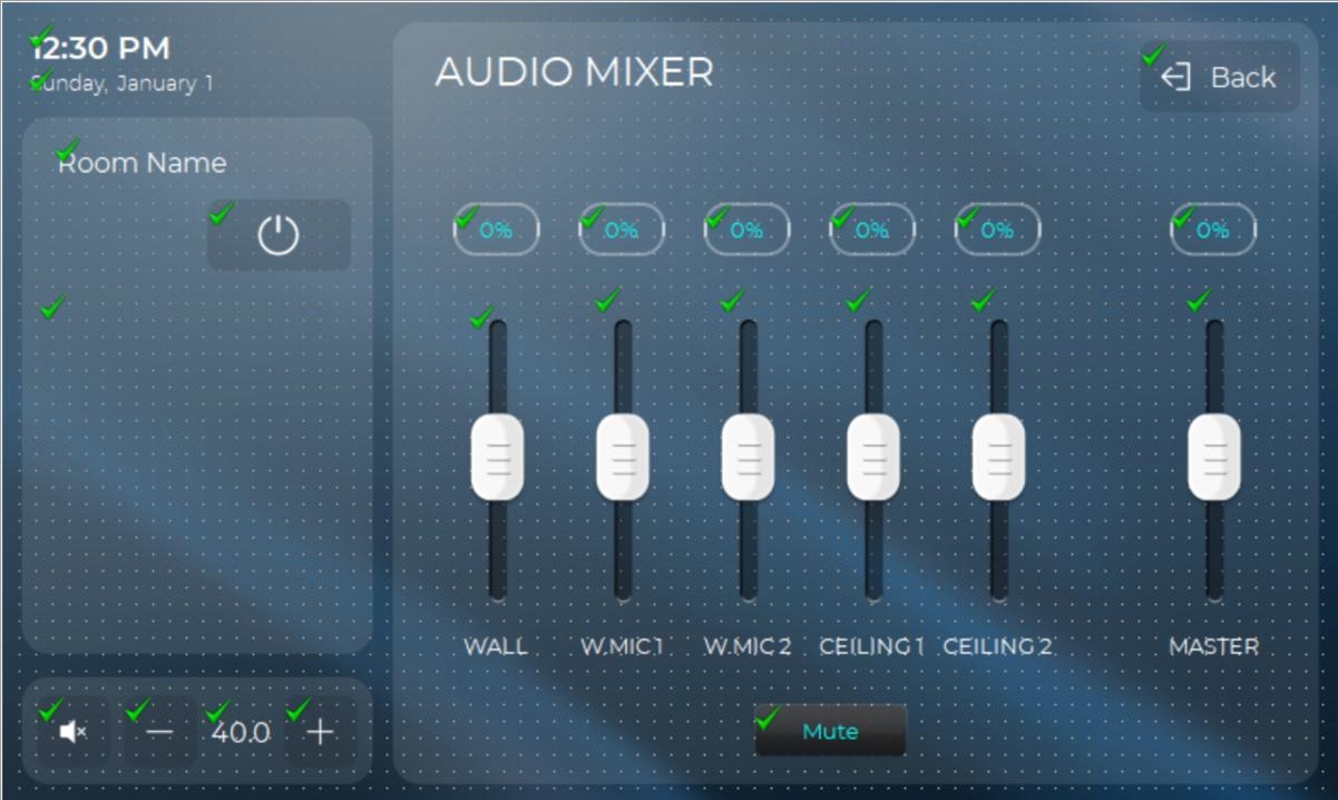 RTI audio mixer interface showing microphone and master level controls for Bridge Commercial Lenox