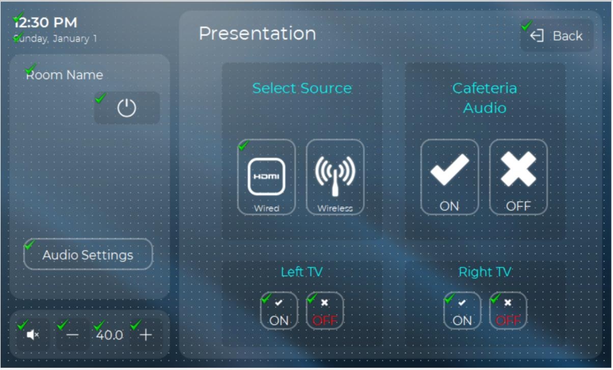 RTI presentation interface with source selection, display controls and adjacent-area audio control