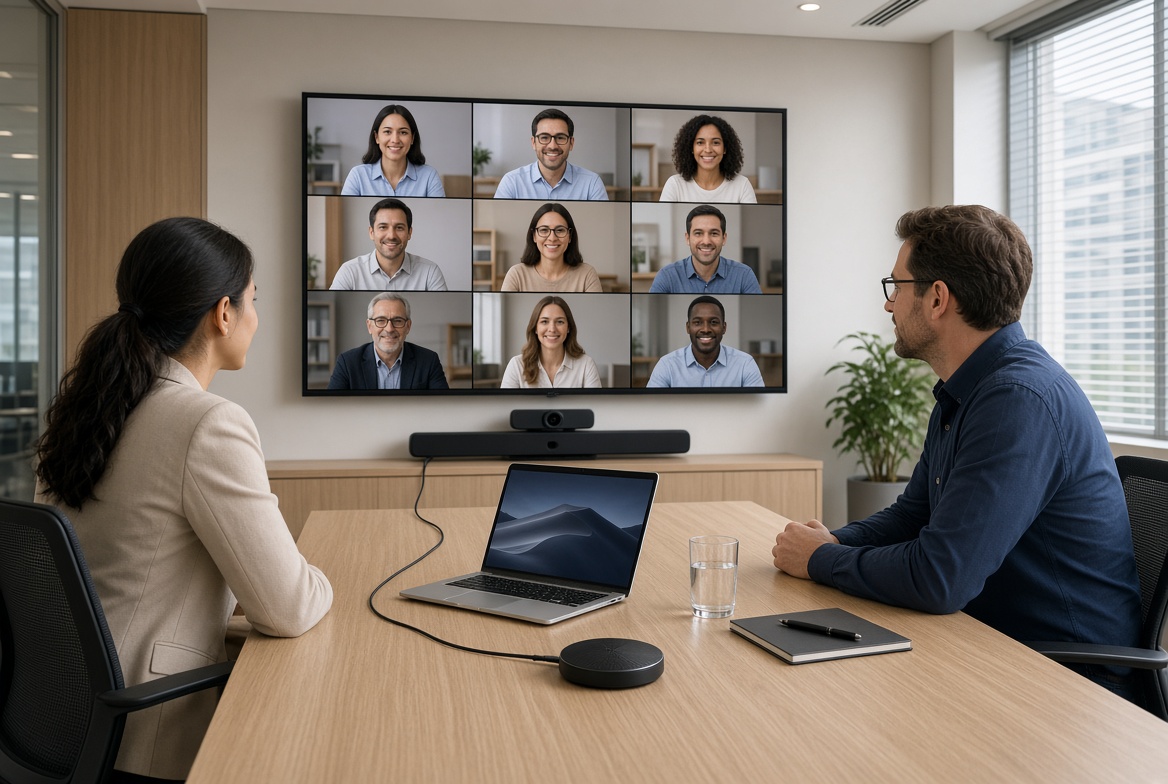 Illustration of a BYOM room where a laptop hosts the call using the installed camera and audio