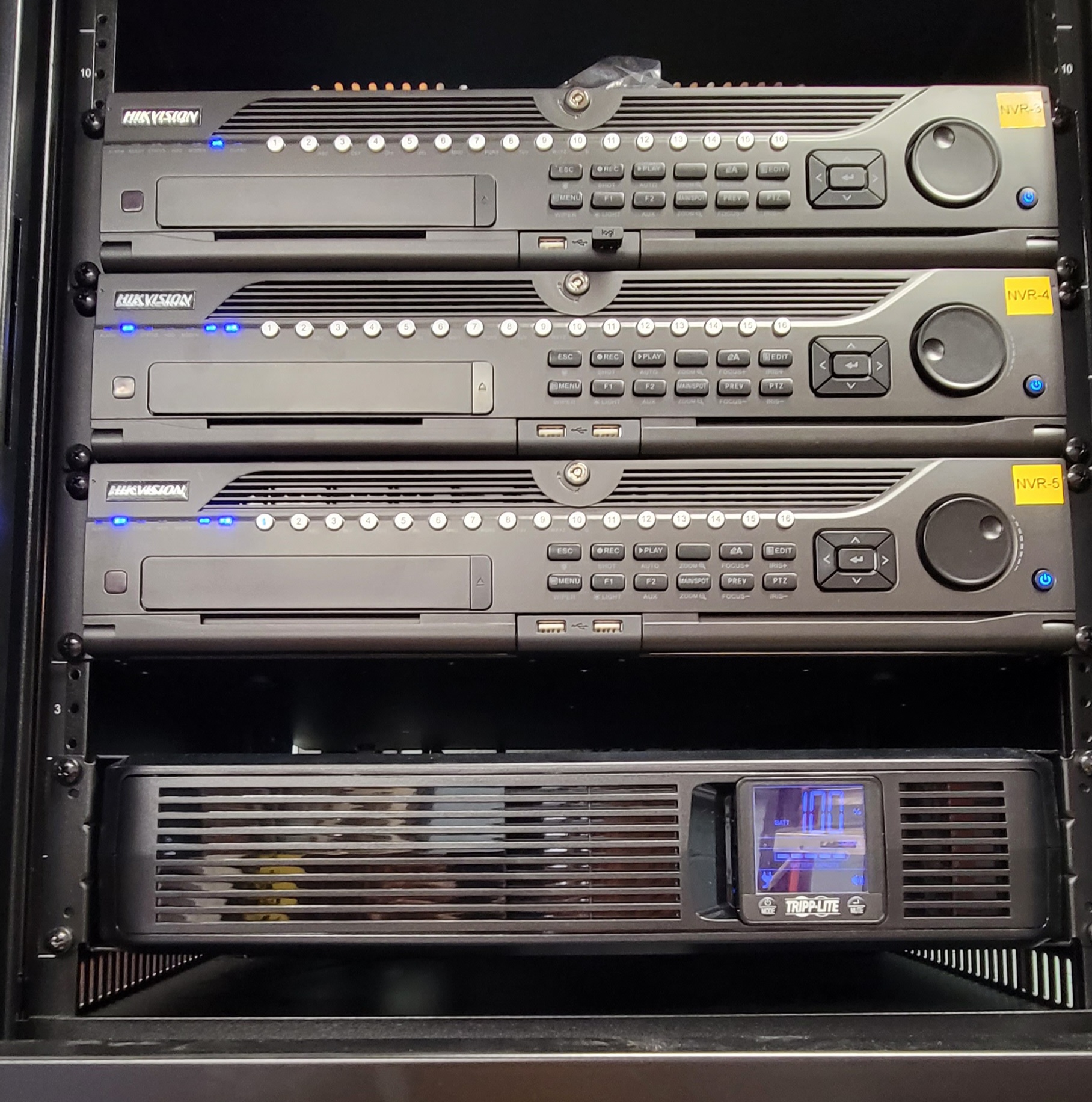 NVR rack at Chamblee Plaza with multiple Hikvision NVRs and UPS