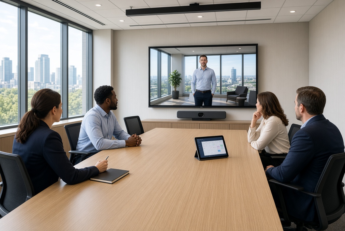 Illustration of a native conference room with a dedicated meeting display and touch panel