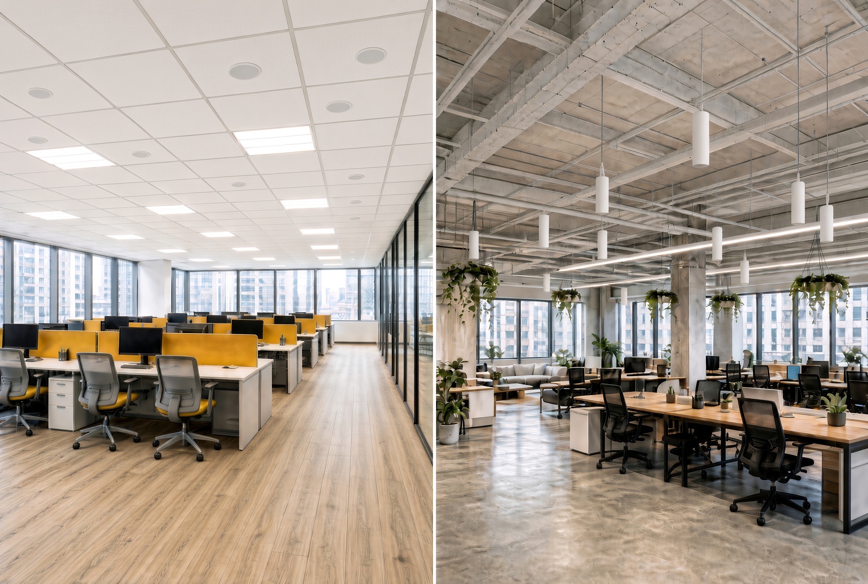 Side-by-side office illustration with a suspended tile ceiling on the left and an exposed ceiling with cylindrical suspended fixtures on the right