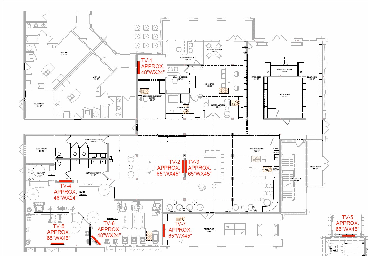 Technical floor plan showing TV and display locations throughout The TYDE property