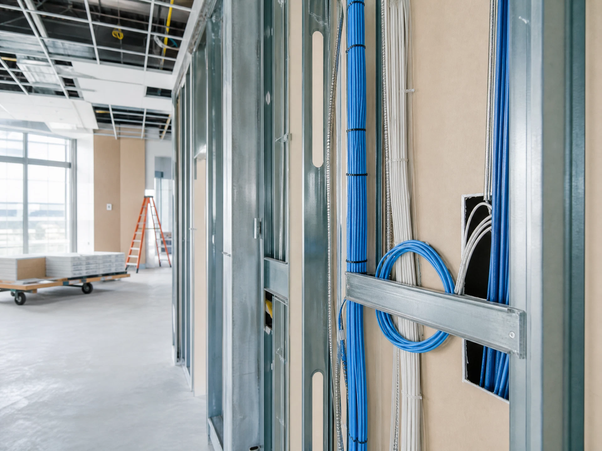 Bright commercial construction environment with visible technology infrastructure planning