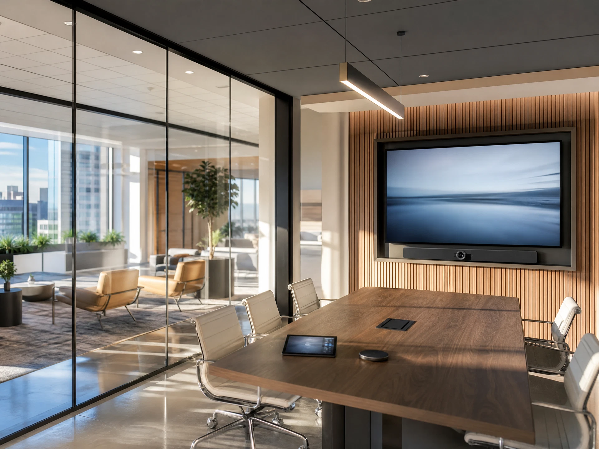 Bright modern corporate office with integrated meeting-room technology and a wall-mounted display