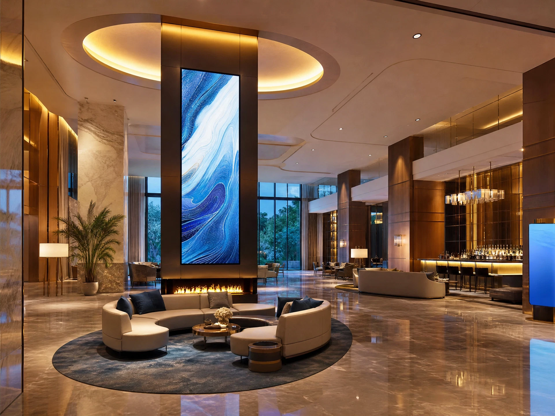 Bright hospitality lobby with integrated digital signage and ambient technology