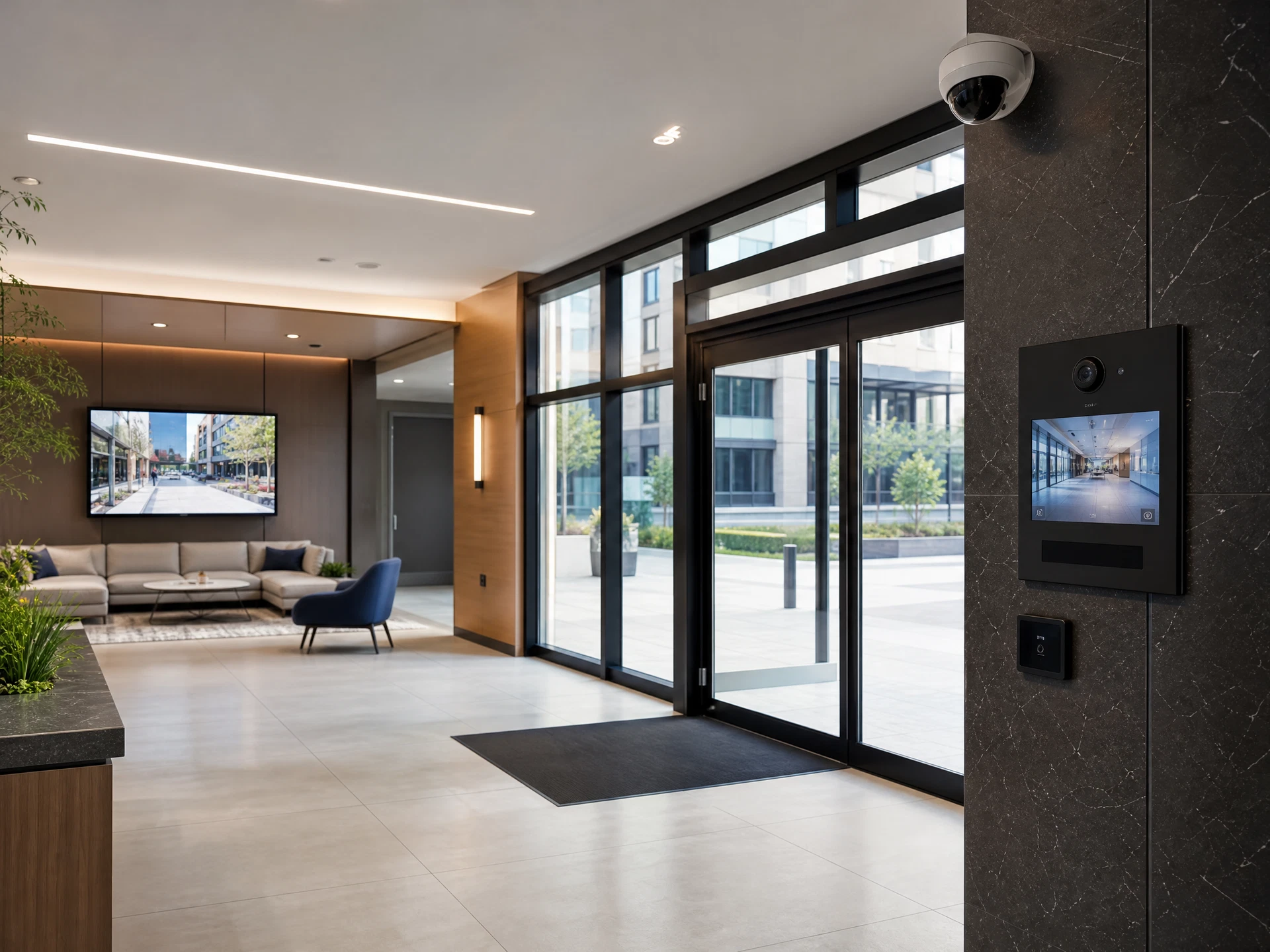 Bright multifamily building common area with secure entry and resident-facing technology