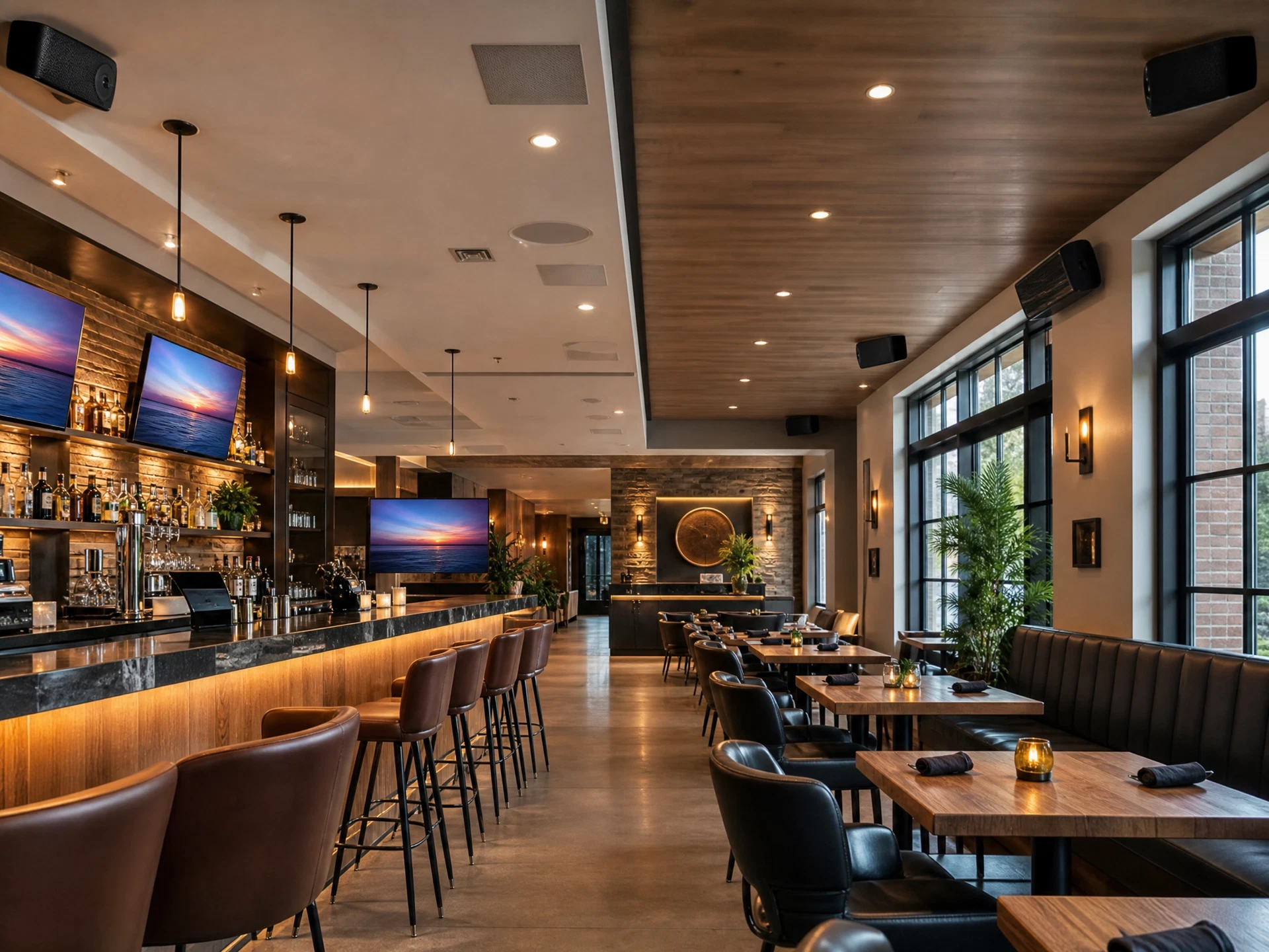 Bright restaurant and bar interior with distributed audio and digital displays