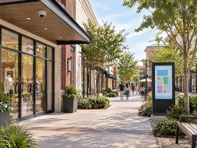 Illustrative shopping-center walkway with storefronts and a digital directory