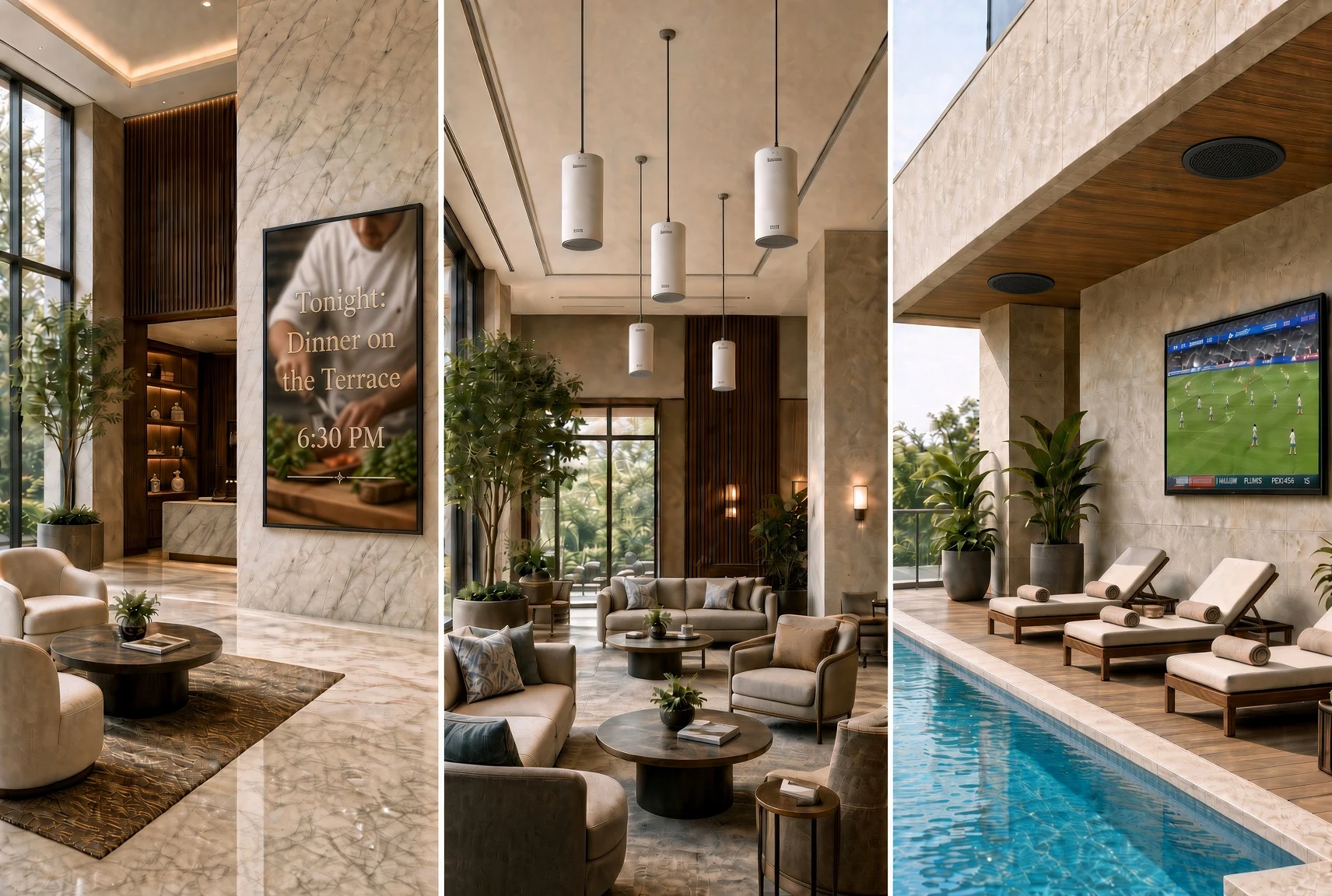 Supplied illustration of lobby digital signage, pendant loudspeakers in a lounge, and a poolside display with outdoor speakers