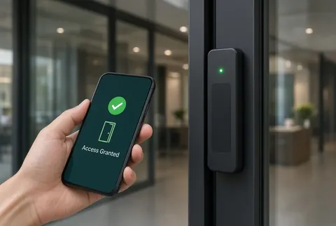 Mobile phone showing an access granted screen held next to a wall-mounted access control reader at a glass office entrance