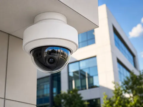 White dome security camera mounted on a modern office building exterior with a softly blurred background