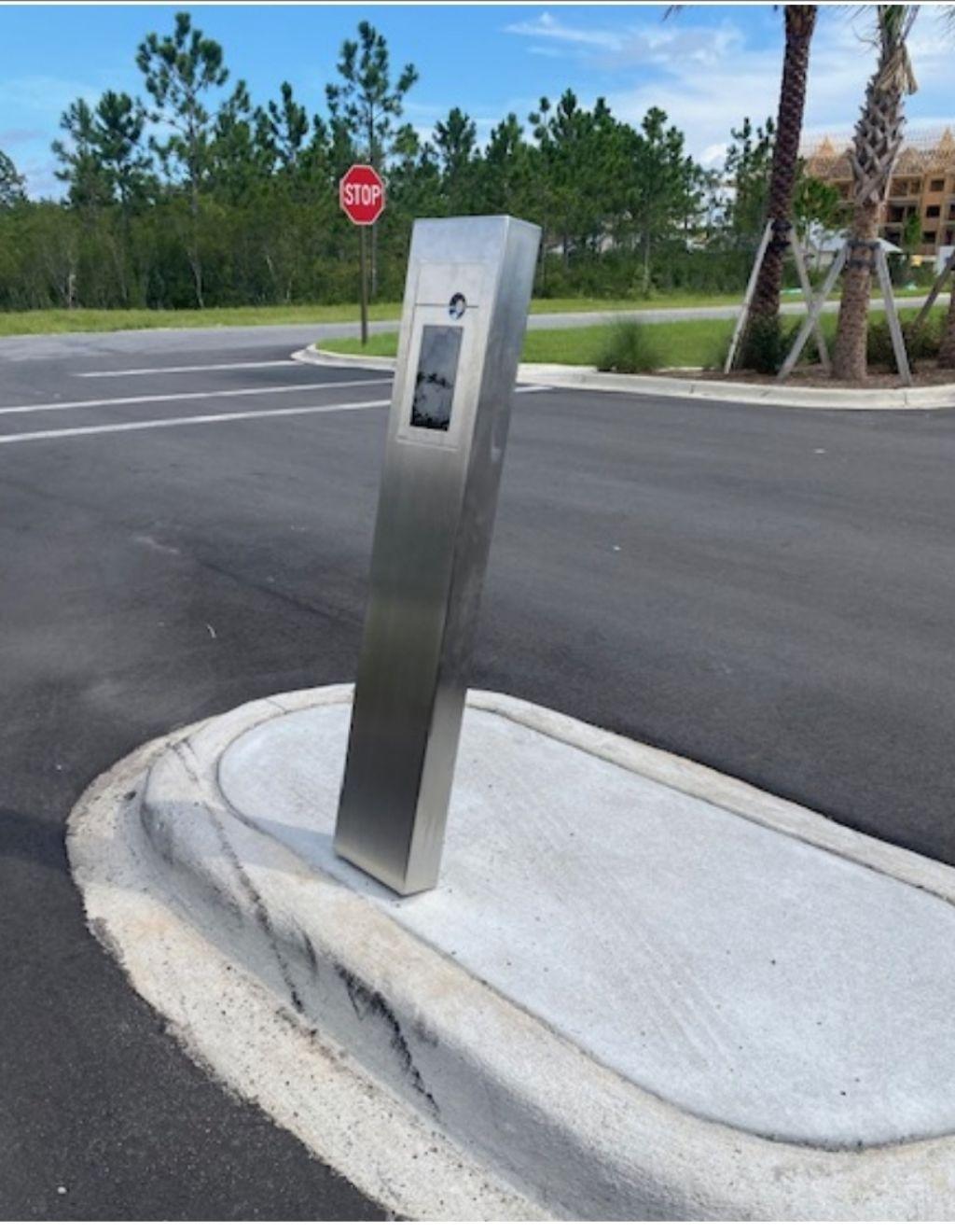 Video intercom pedestal at The TYDE vehicle gate entrance