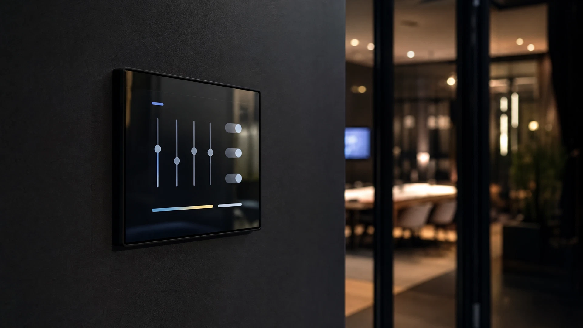 Wall-mounted touch control panel in a modern commercial building