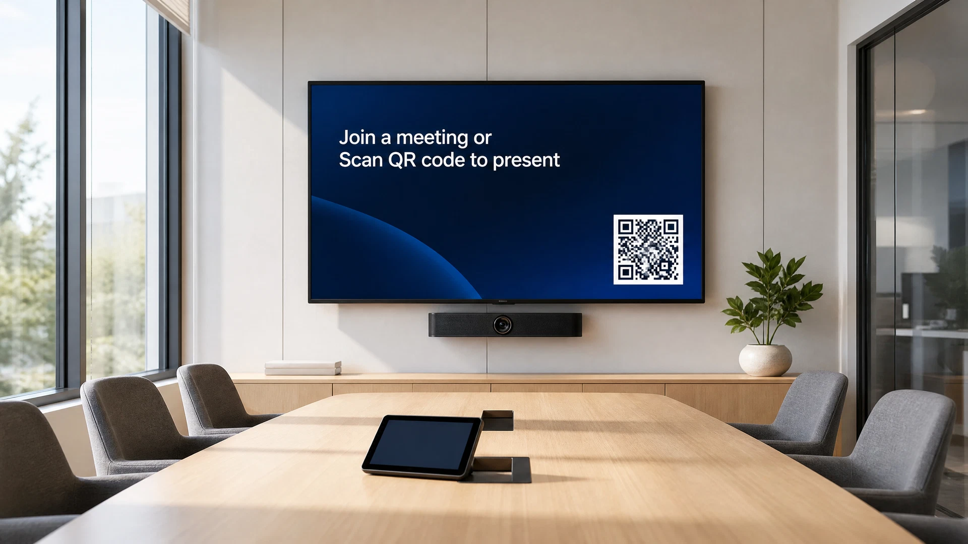 Bright modern conference room with a wall display showing a join-a-meeting welcome screen with a QR code