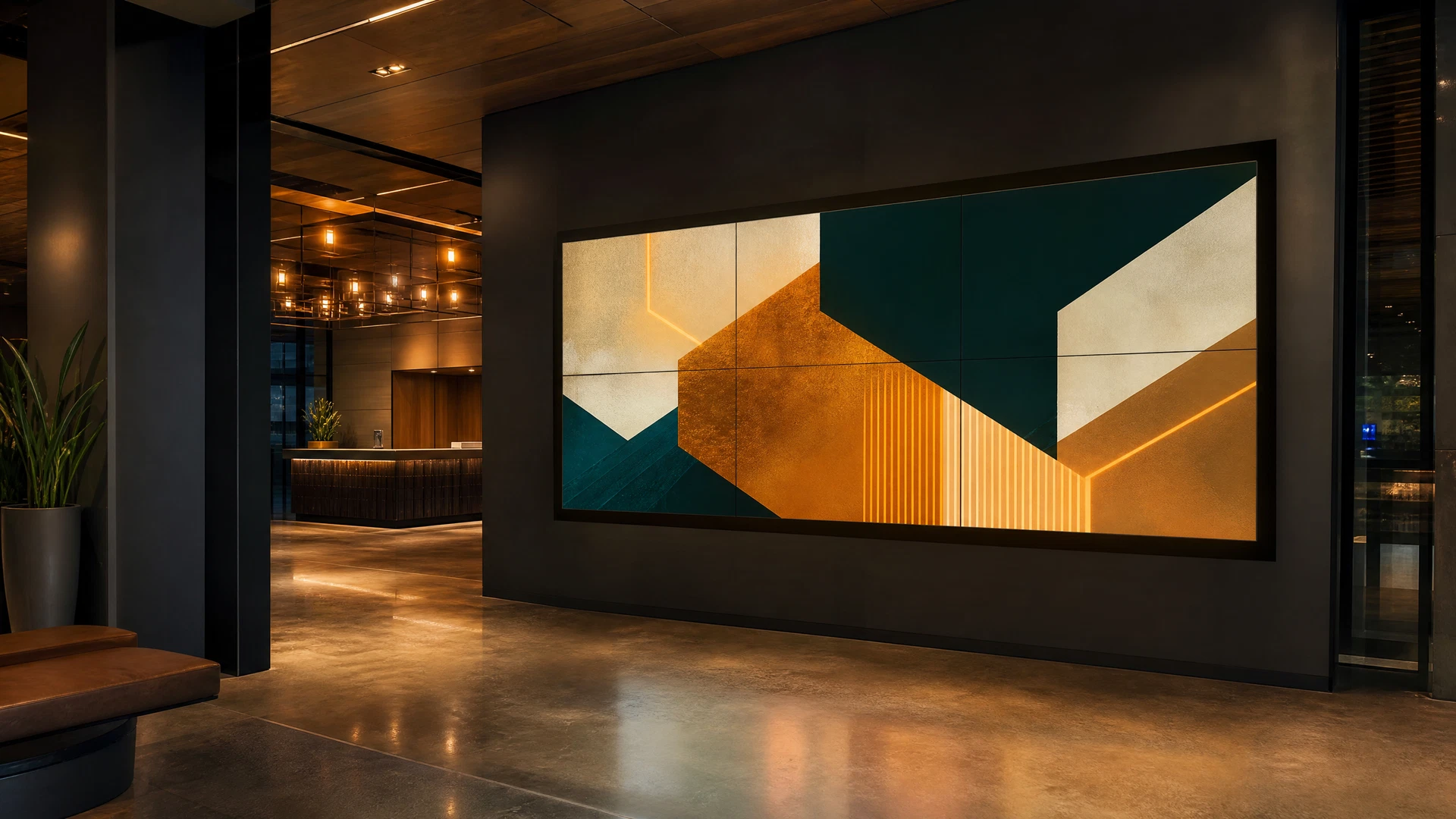 Commercial lobby with a large seamless digital signage video wall