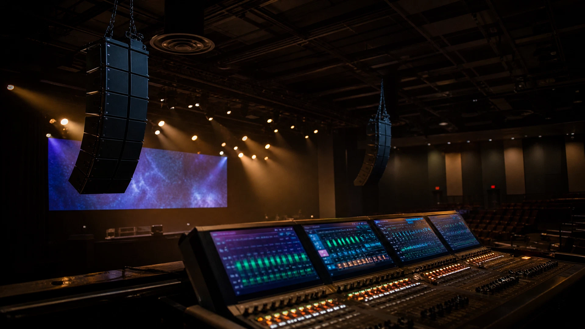 Venue sound system with flown line-array speakers and a professional mixing console